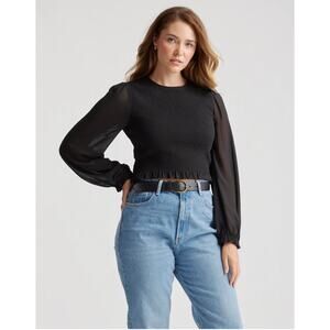 NWOT, QUINCE Black Chiffon Cropped Smocked Blouse Size Small